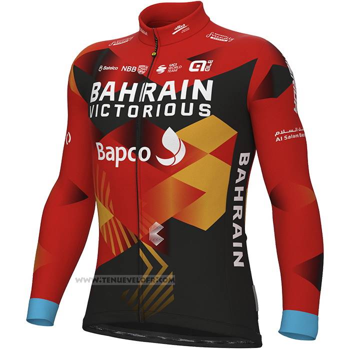 2023 Maillot Cyclisme Bahrain Victorious Rouge Noir Manches Longues et Cuissard